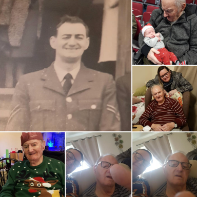 A collage featuring a soldier portrait and various elderly individuals with family members.